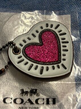 Coach Heart Glitter Charm Keychain — Pink & Pale Baby Blue